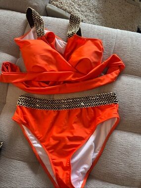 Bright Orange Two-Piece Swim Set with Gold Chain Trim